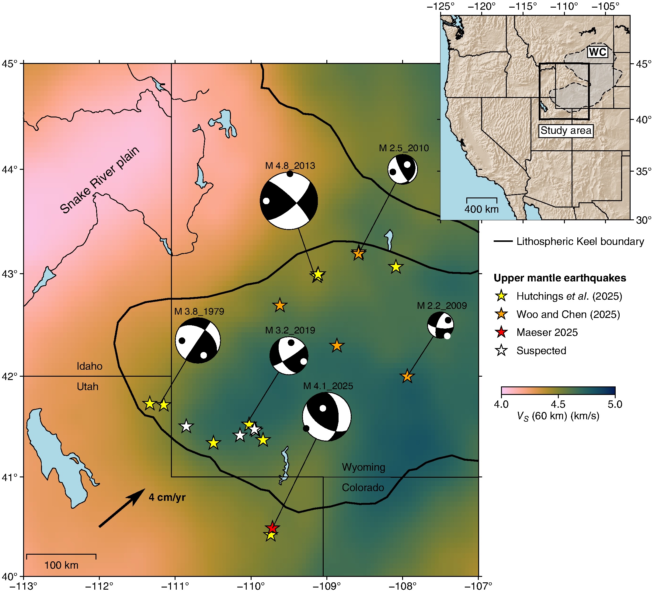 Map of the Wyoming Craton region: the yellow stars are continental mantle earthquakes (CMEs) from 1979 to 2023.